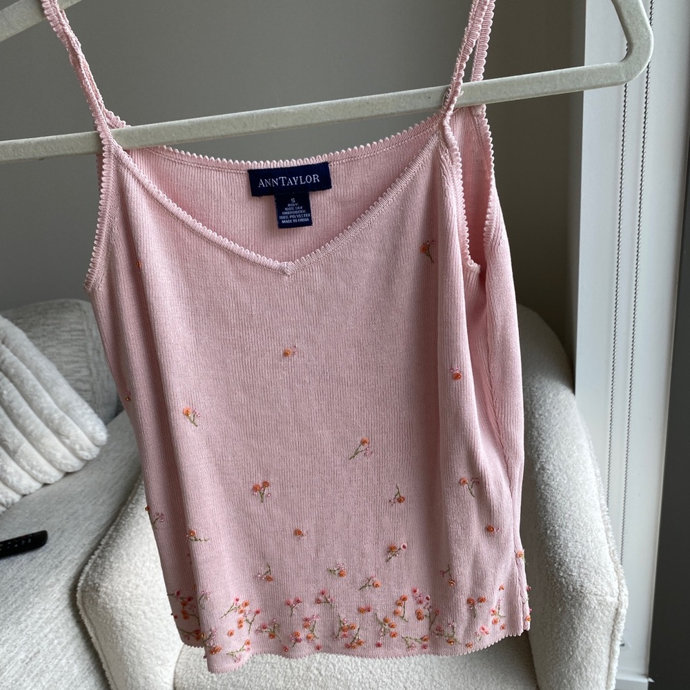 Vintage Y2K Coquette Pink Silk Knit Sequin Embroidered Tank Top Cami Ann Taylor - Picture 12 of 13